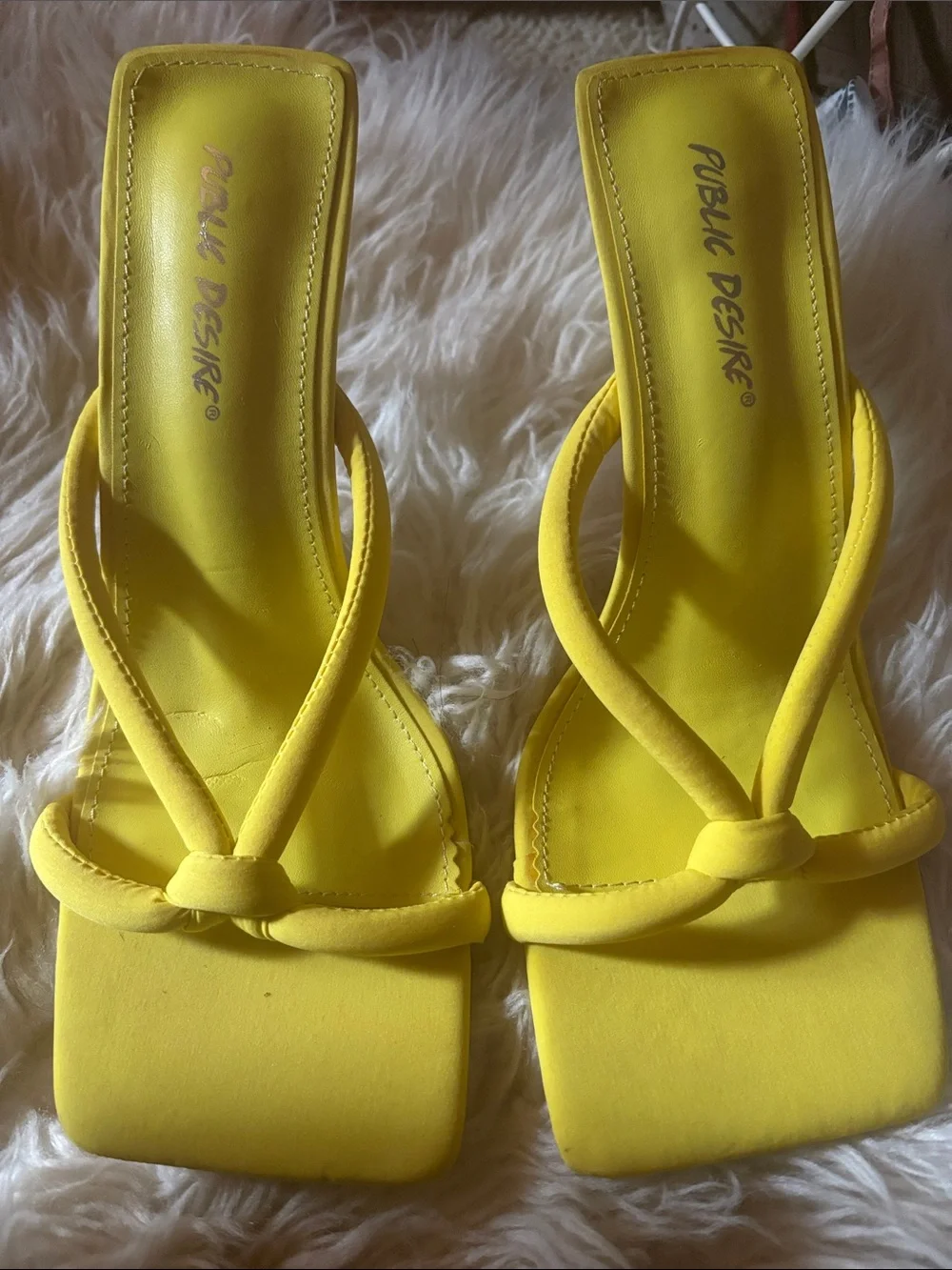 Public Desire Yellow Knotted Strap Square-Toe Heeled Slides